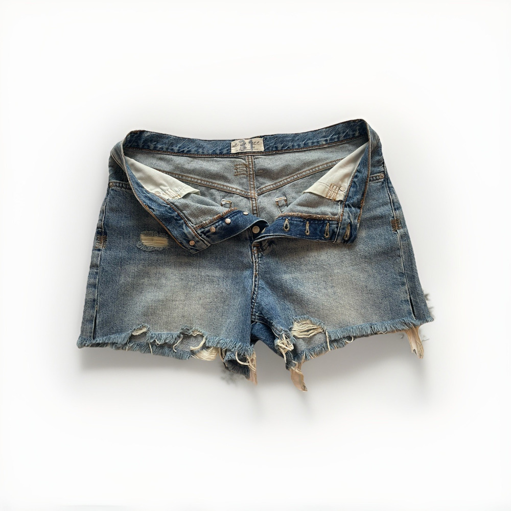 We the Free Free People Button Fly Cut Off Jean Shorts Med Hem Distressed SZ 31